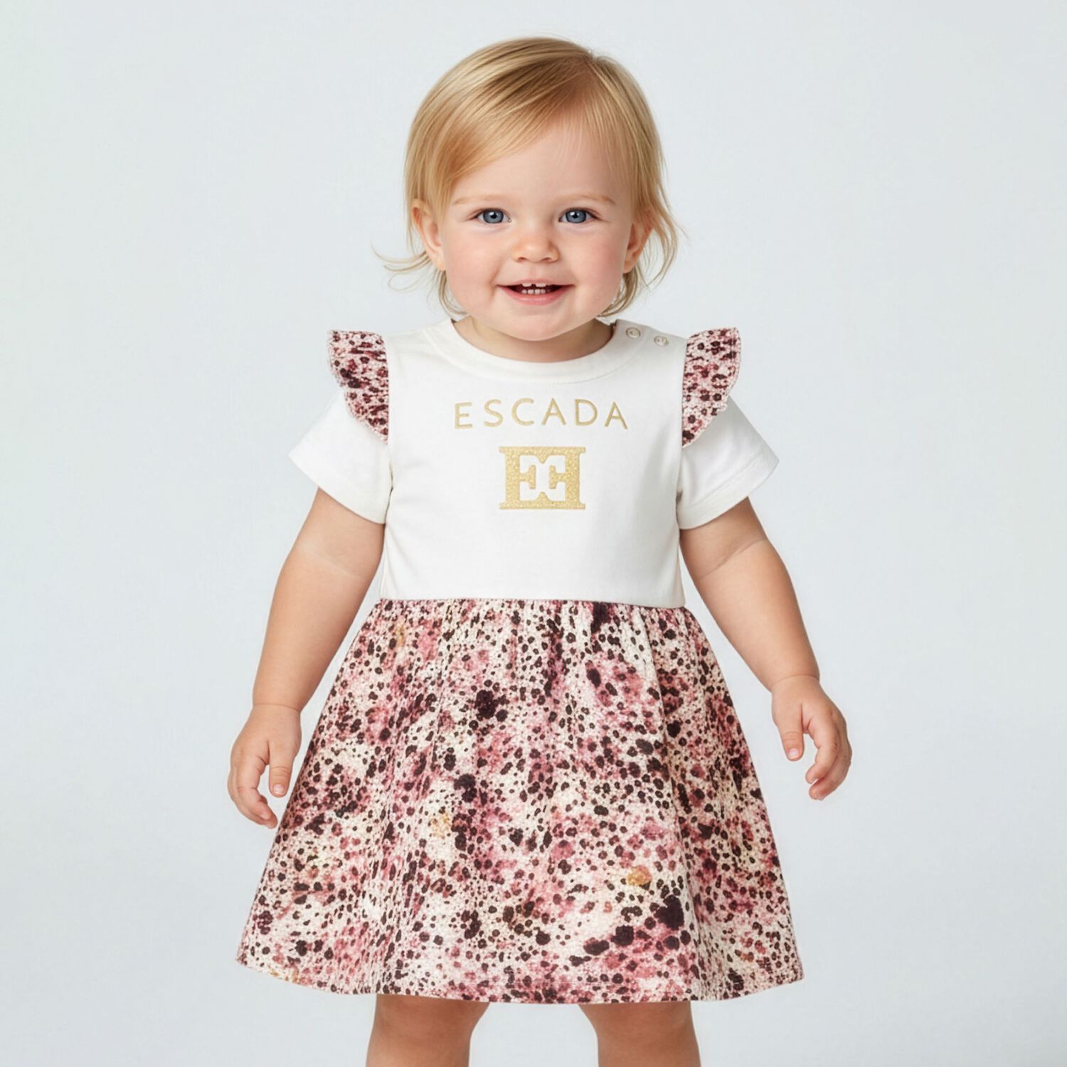 Younger Girls Ivory & Pink Logo Ruffled Dress, 1, hi-res