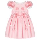 Girls Pink 3D Floral Satin Dress, 1, hi-res