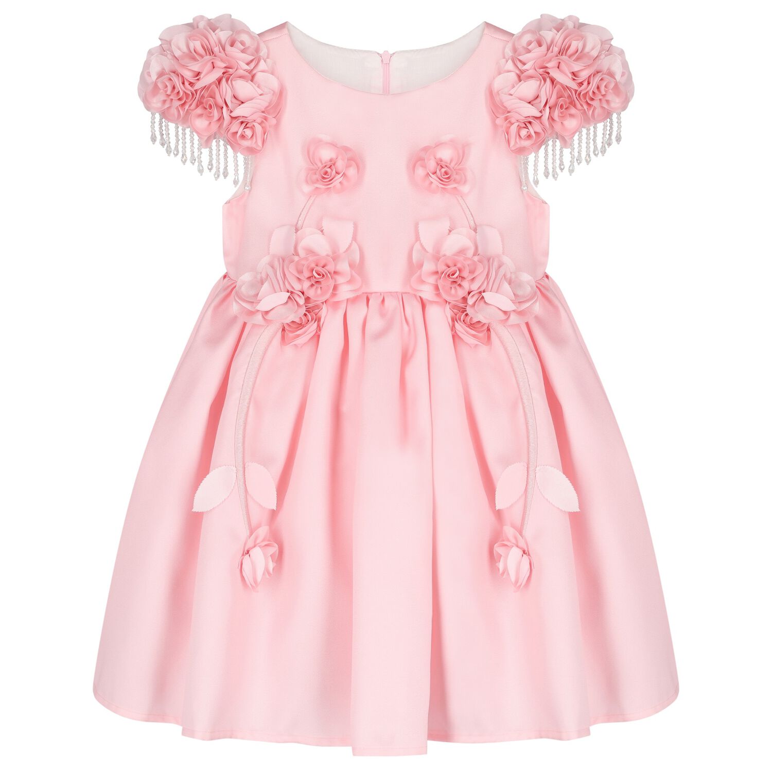 Girls Pink 3D Floral Satin Dress, 1, hi-res