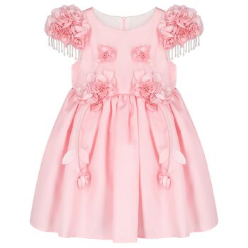 Girls Pink 3D Floral Satin Dress