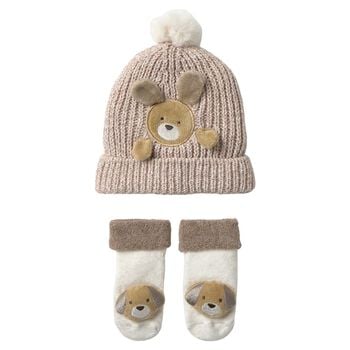 Beige & White Puppy Knitted Baby Hat & Socks Set