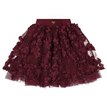 Girls Burgundy 3D Flower & Sequin Tulle Aliza Skirt