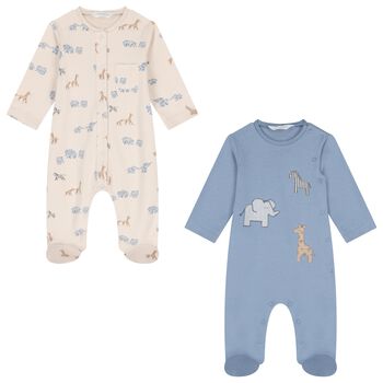 Baby Boys Beige & Blue Babygrows ( 2-Pack )