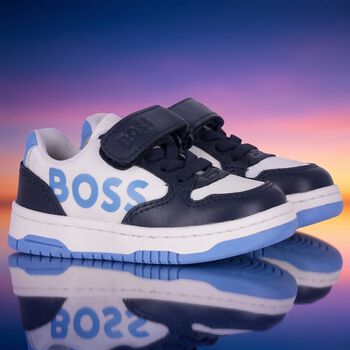 Boys Navy Blue, Blue & White Logo Trainers