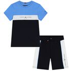 Boys Navy Blue & Blue Logo Shorts Set, 1, hi-res