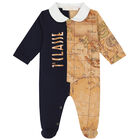 Beige & Navy Blue Logo Geo Map Babygrow, 1, hi-res