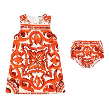 Baby Girls White & Orange Majolica Dress Set