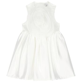 Girls White Rose Satin Dress