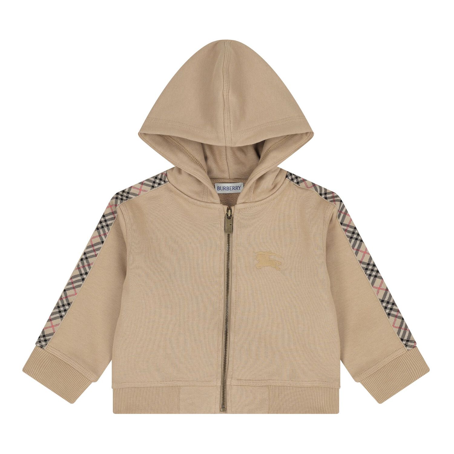 Beige Check Logo Baby Hooded Zip Up Top, 1, hi-res image number null
