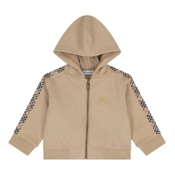 Beige Check Logo Baby Hooded Zip Up Top