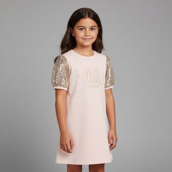 Girls Pink & Gold Logo Dress, 2 Girls Pink & Gold Logo Dress