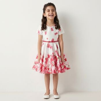Girls White Floral Satin Dress