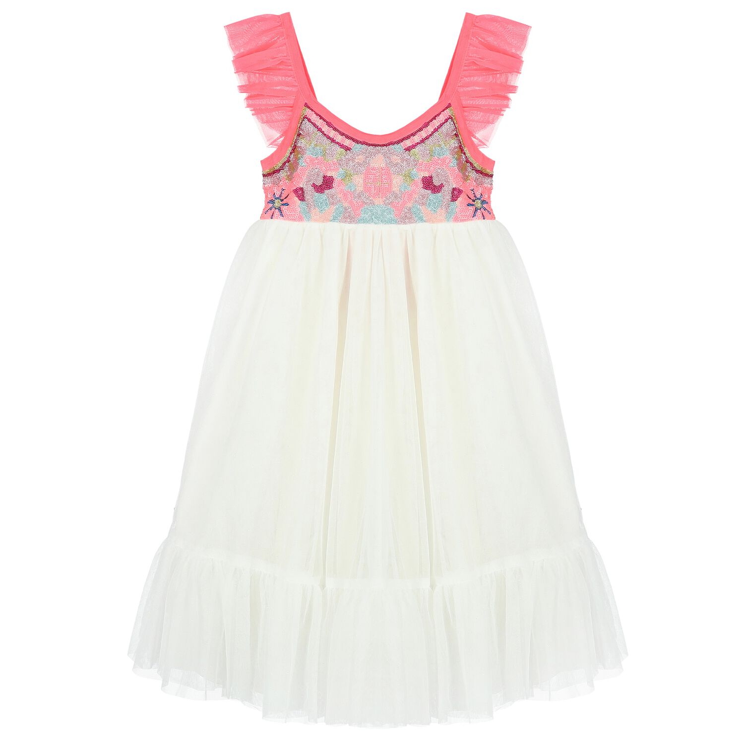 Girls White & Neon Pink Tulle Sequin Dress, 1, hi-res