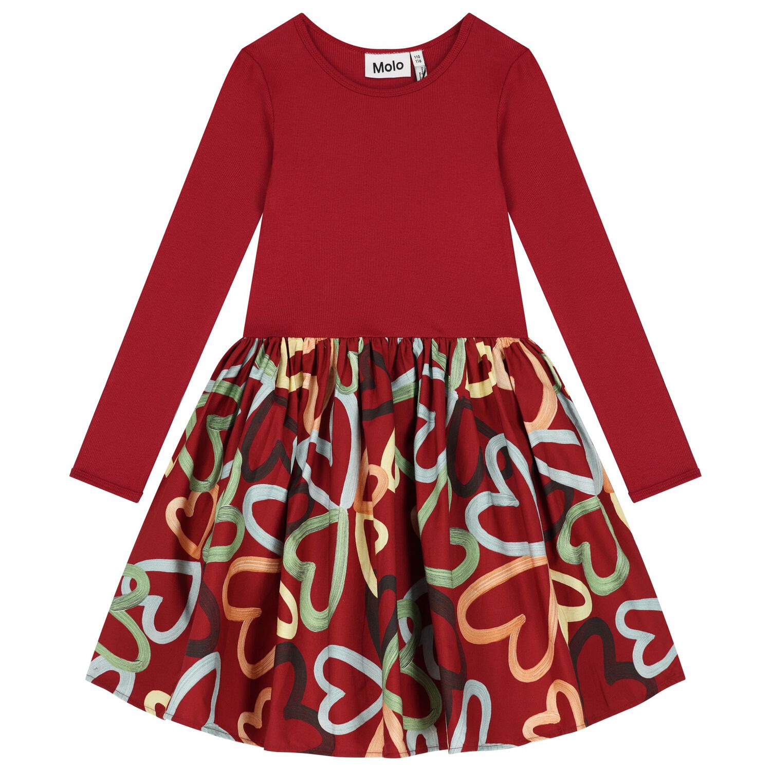 Girls Red Hearts Long Sleeve Dress, 1, hi-res