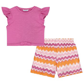 Girls Pink & Orange Zigzag Shorts Set