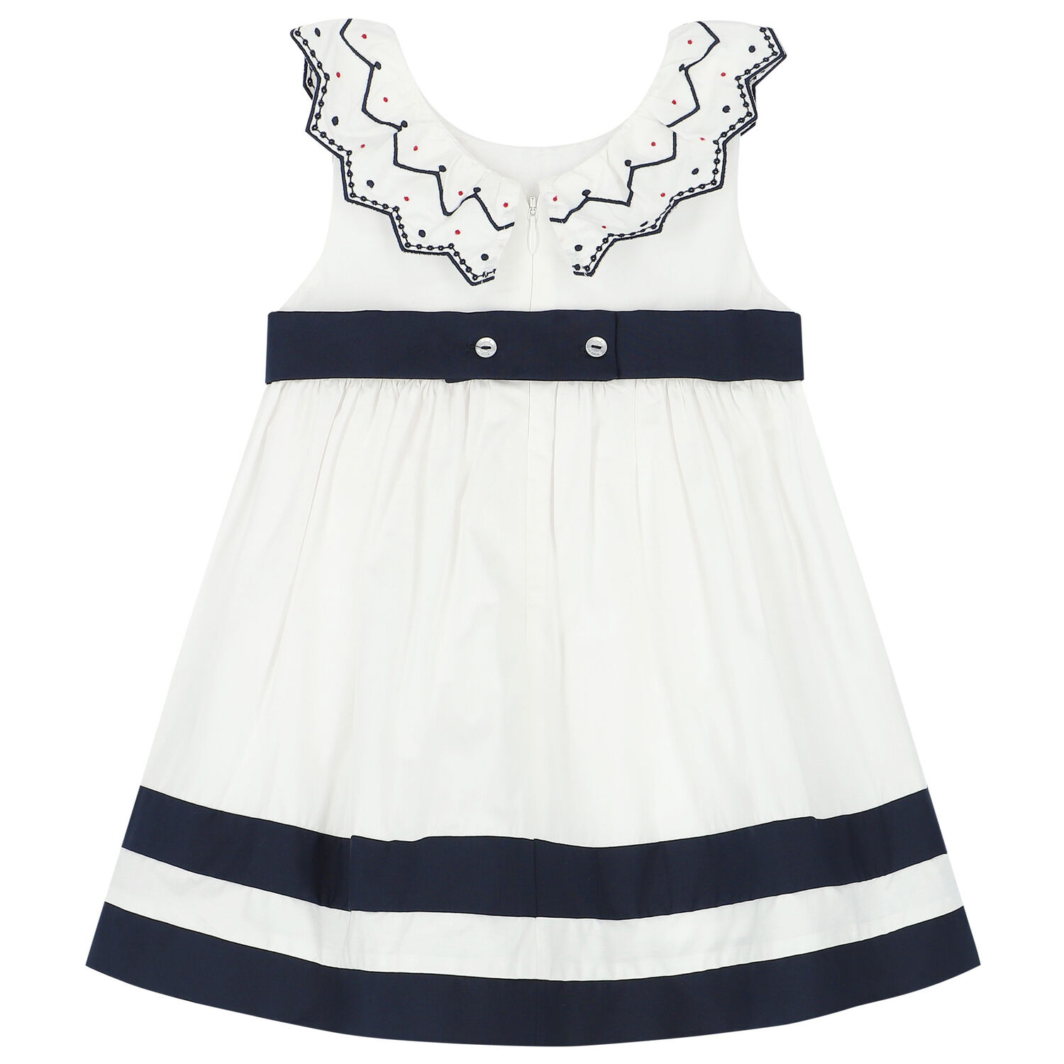 Younger Girls White & Navy Blue Dress, 1, hi-res