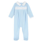 Baby Boys Blue & White Smocked Babygrow, 1, hi-res