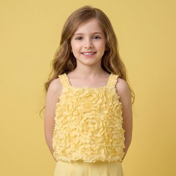 Girls Yellow Flower Tulle Sleeveless Top