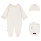 Baby Girls Ivory & Gold Logo Babygrow, Hat & Bib Gift Set, 1, hi-res