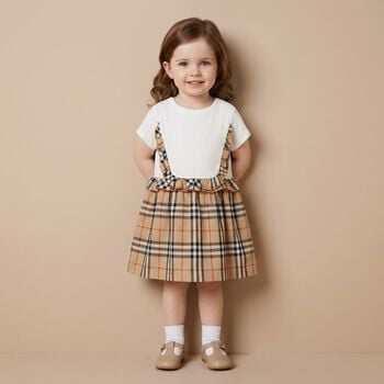 Baby Girls White & Beige Check Dress