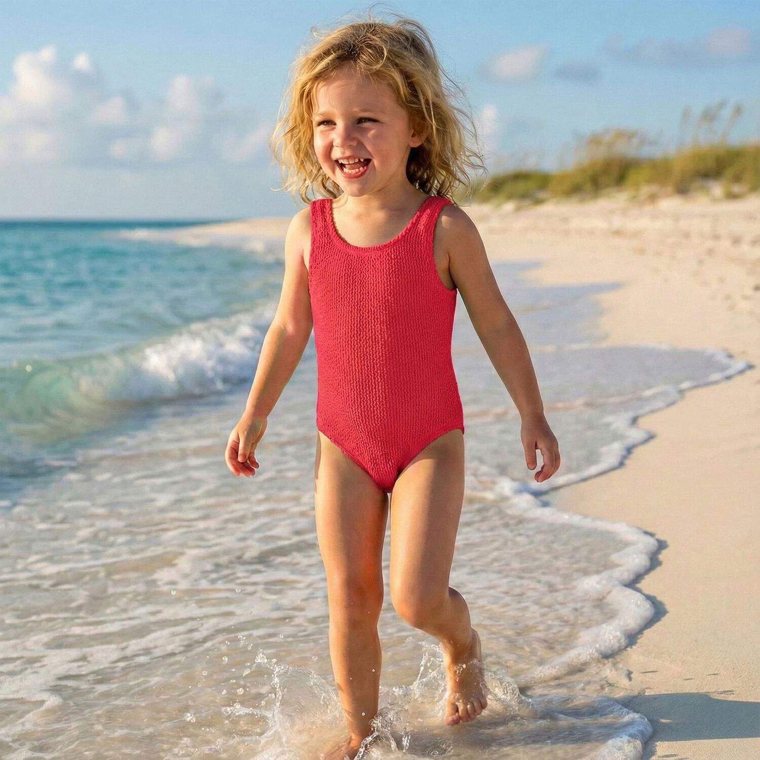 Girls Red Crinkle Swimsuit , 4, hi-res