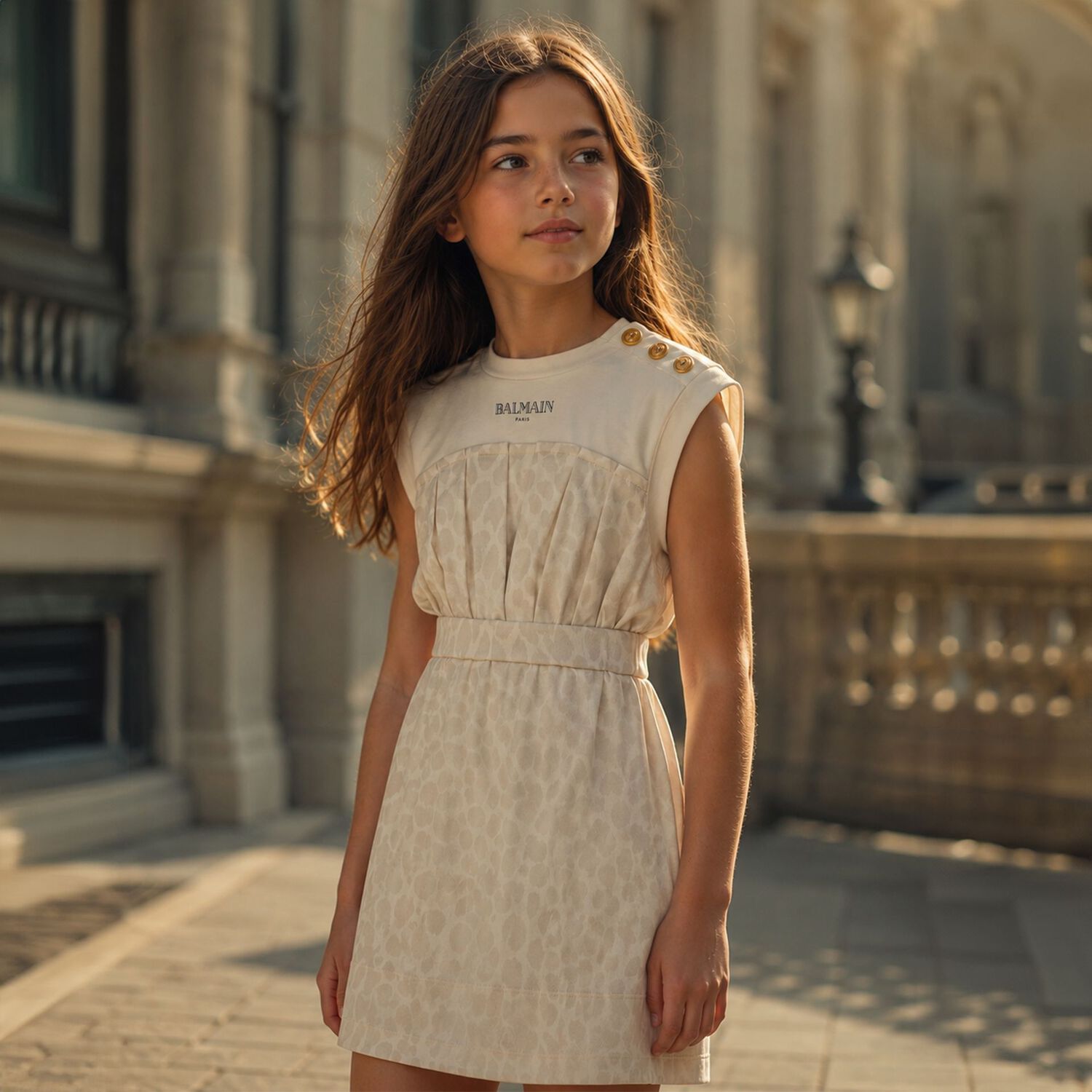 Girls Ivory & Beige Logo Dress, 1, hi-res