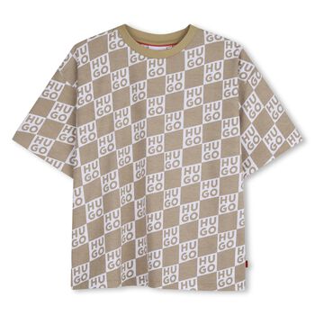 Boys Beige & White Check Logo T-Shirt