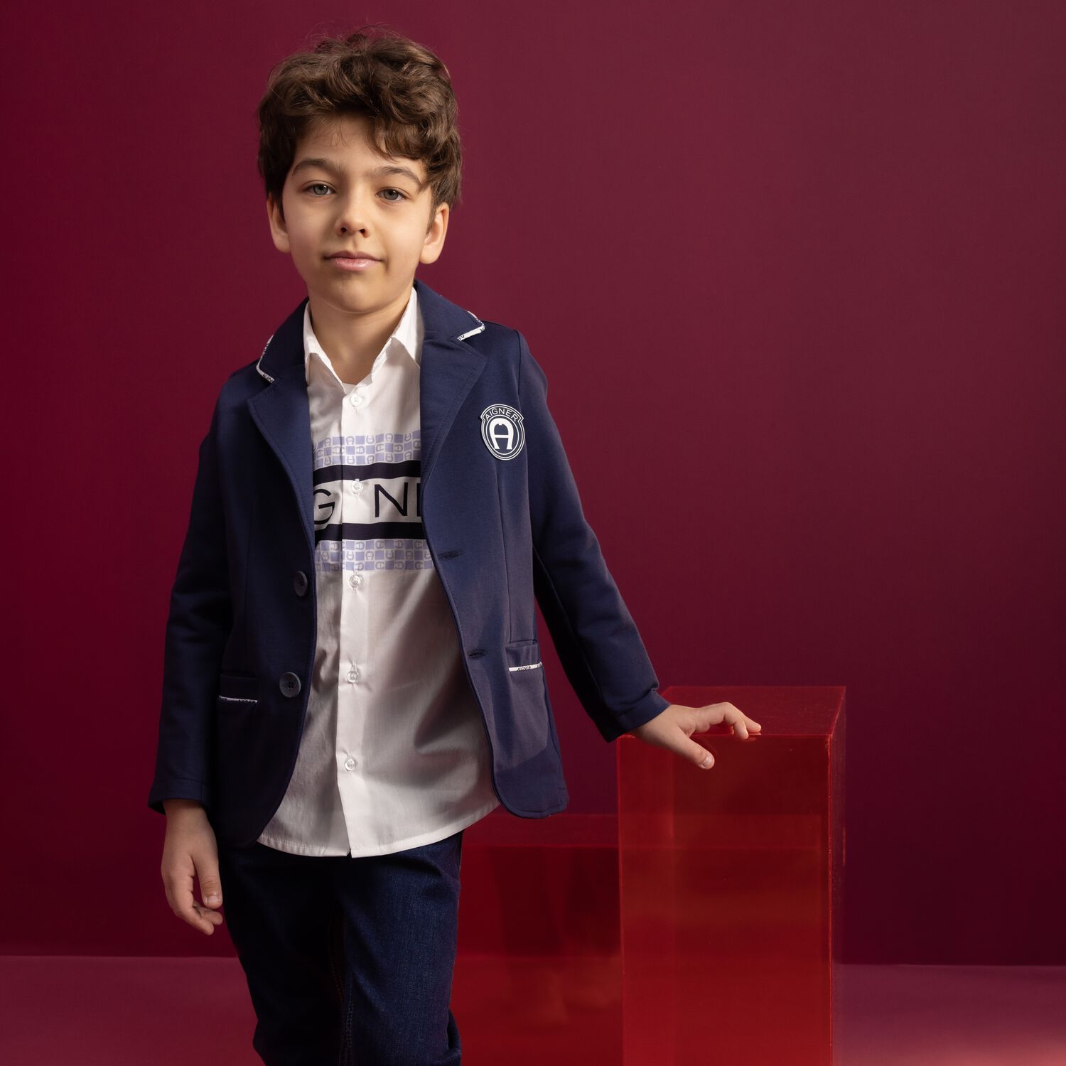 Boys Navy Logo Blazer, 1, hi-res