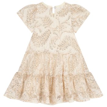 Girls Beige & Gold Lace Dress