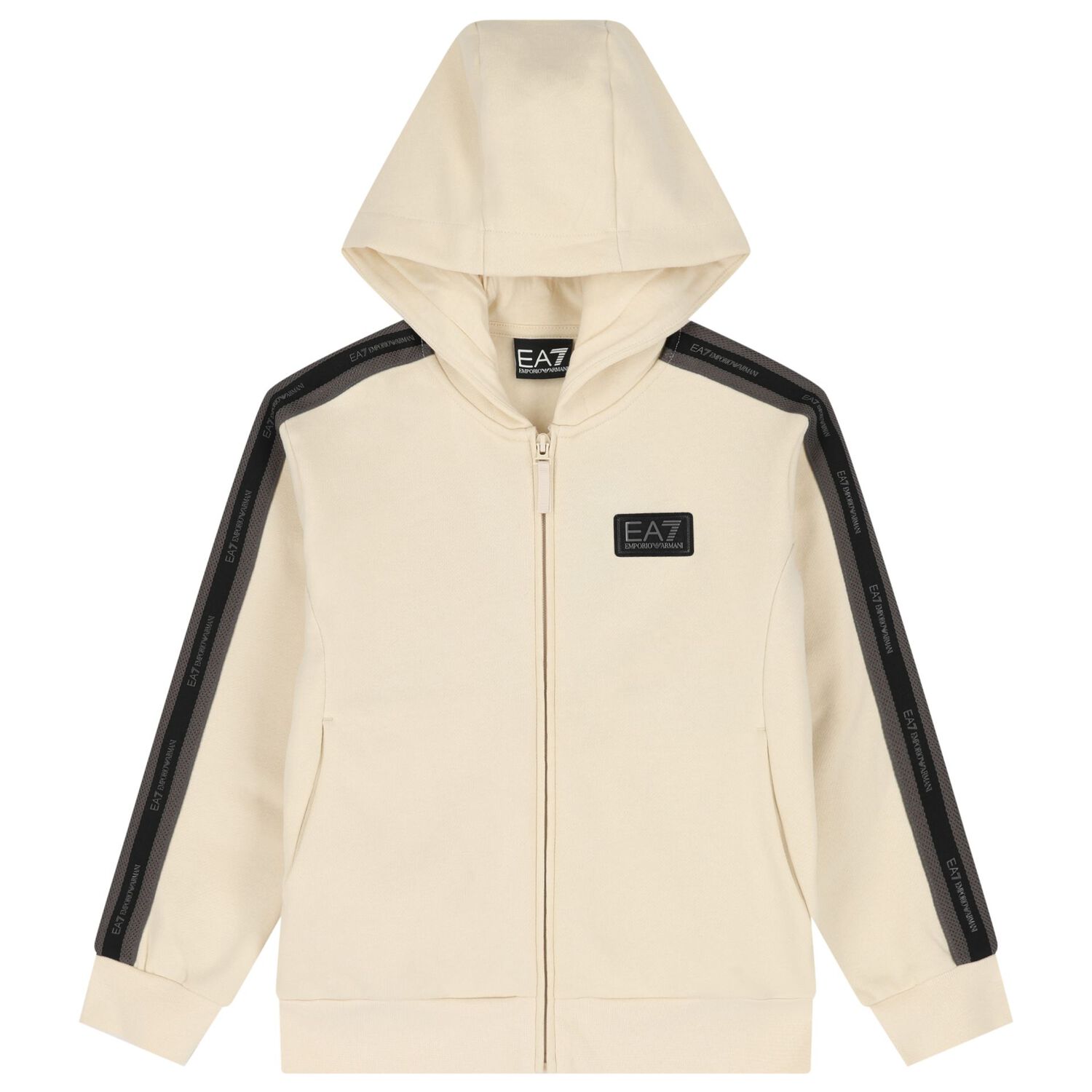 Boys Beige & Black Logo Hooded Zip Up Top , 1, hi-res