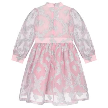 Girls Pink & Silver Jacquard Floral Dress