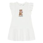 Younger Girls White Teddy Bear Ruffled Dress, 1, hi-res