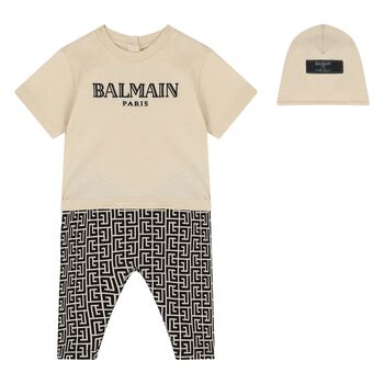 Beige Monogram Babygrow & Hat Set