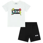 Younger Boys White & Black Logo Shorts Set, 1, hi-res