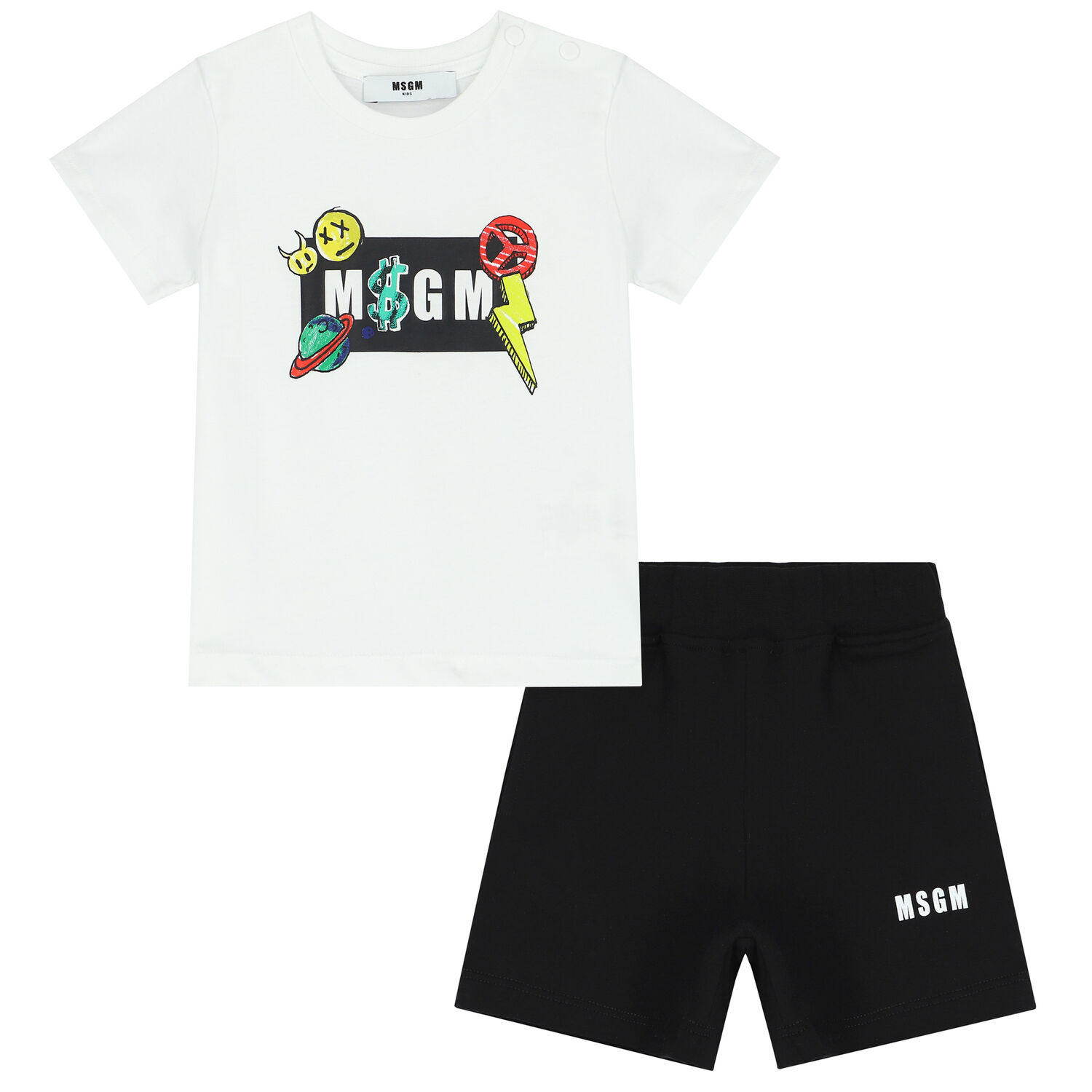 Younger Boys White & Black Logo Shorts Set, 1, hi-res