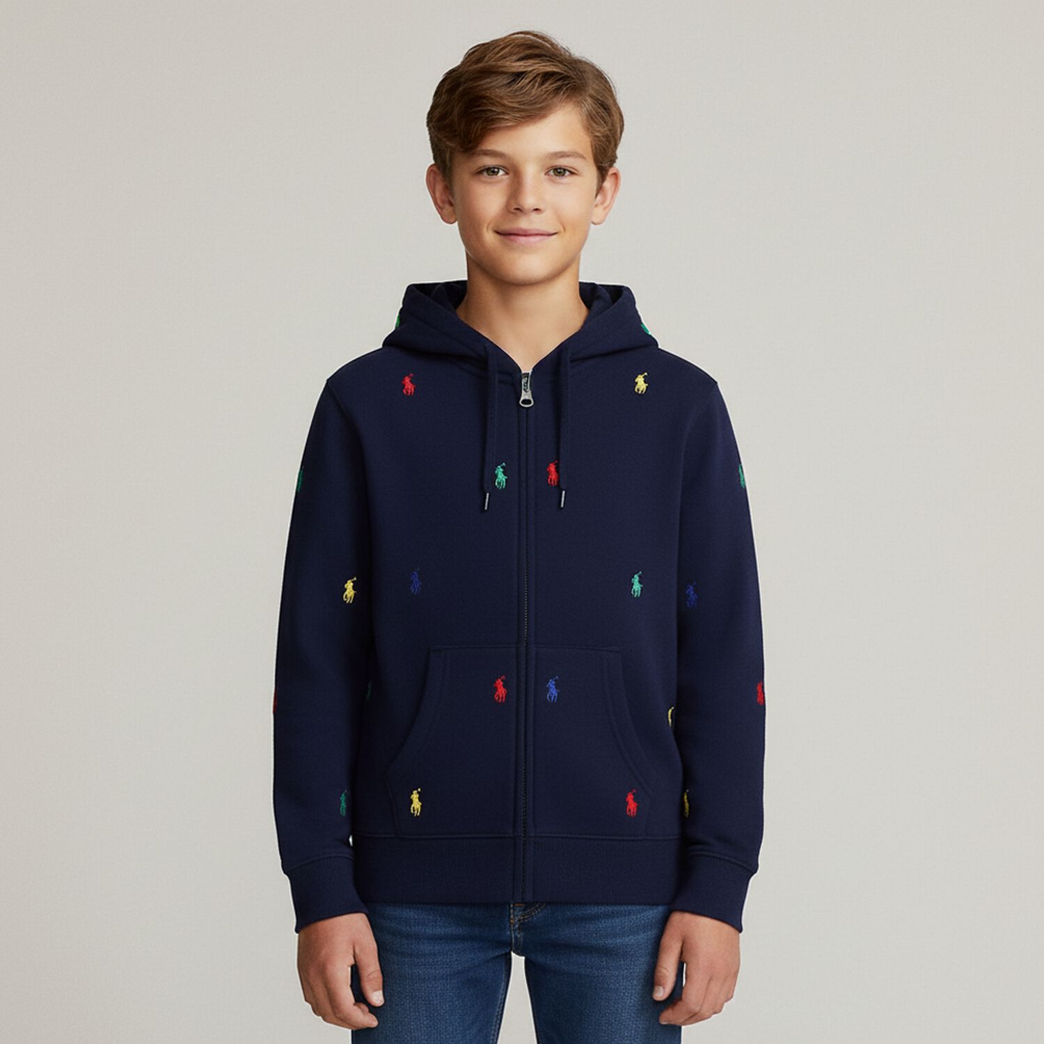 Boys Navy Blue Logo Hooded Zip Up Top, 1, hi-res image number null