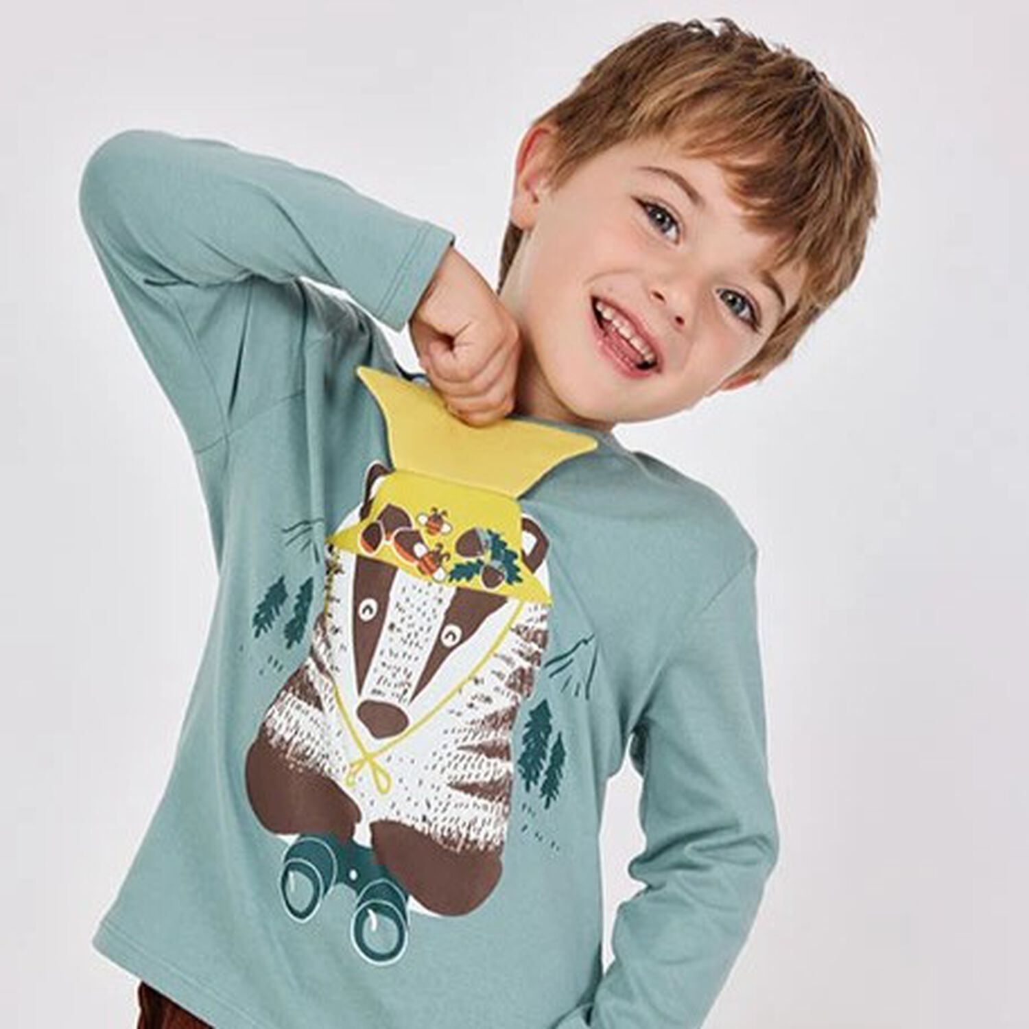 Boys Green Raccoon Long Sleeve Top, 1, hi-res