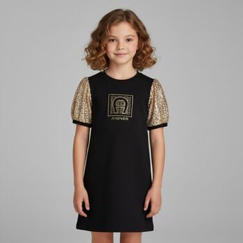 Girls Black & Gold Logo Dress