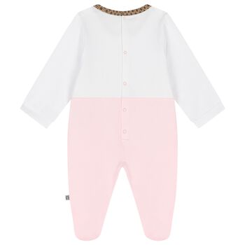 Baby Girls White & Pink Logo Babygrow
