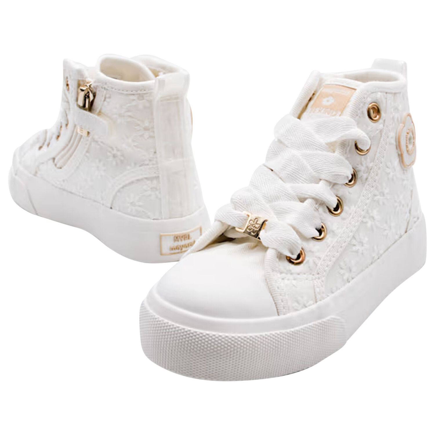 Girls White Flower Trainers, 1, hi-res