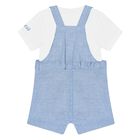 Baby Boys White & Blue Cotton Dungaree Set, 1, hi-res