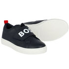 Boys Navy Blue Logo Trainers, 1, hi-res