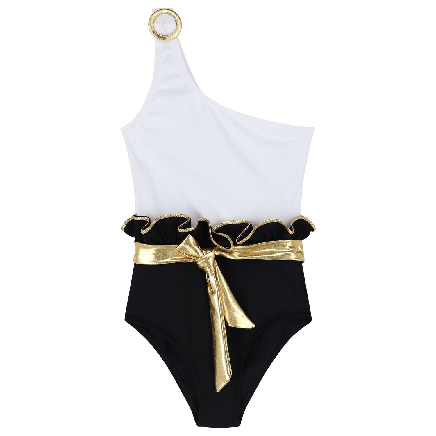 Girls White & Black Ruffled Swimsuit, 1, hi-res image number null