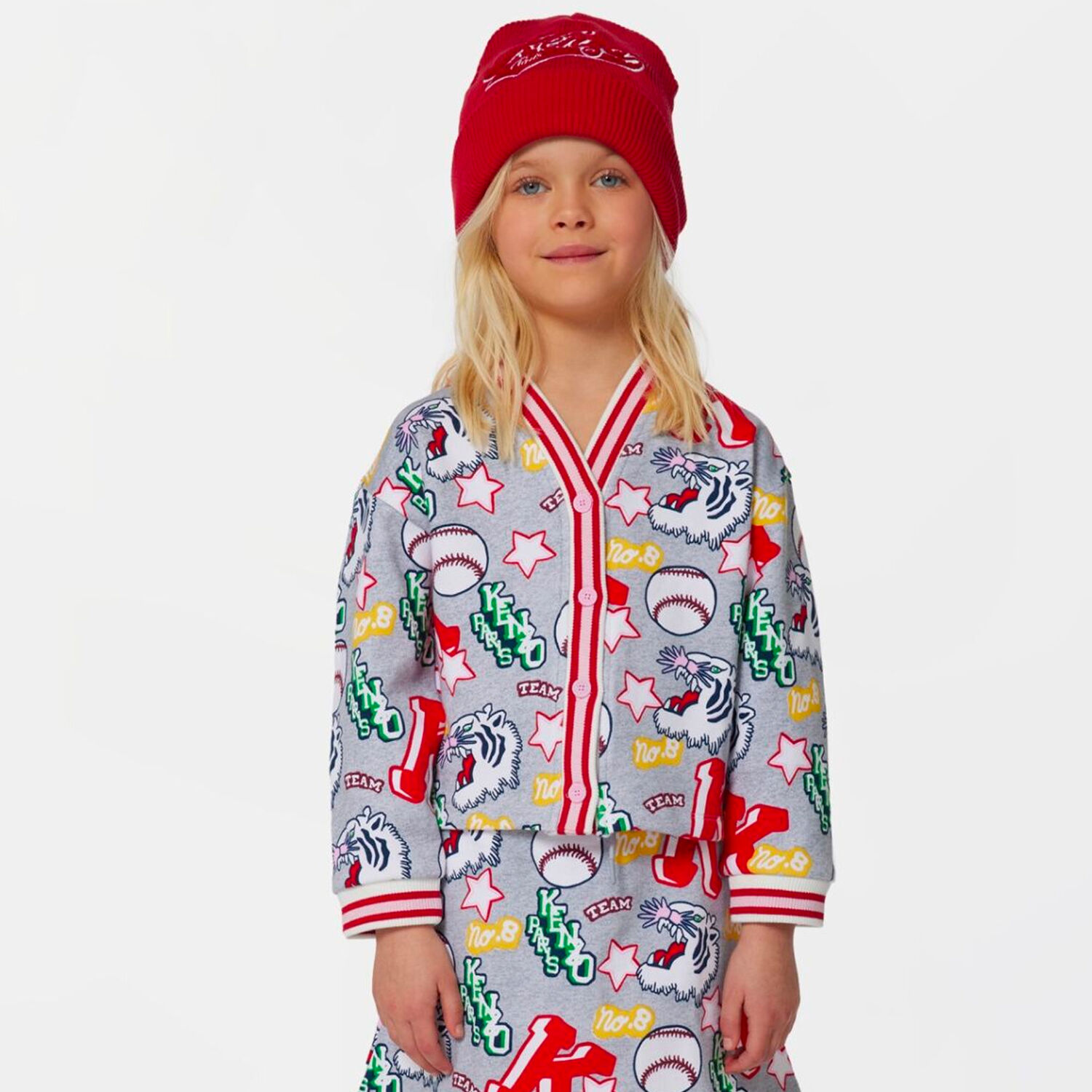 Girls Grey Varsity Tiger Logo Cardigan, 1, hi-res