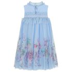 Girls Blue Floral Tulle Dress, 1, hi-res