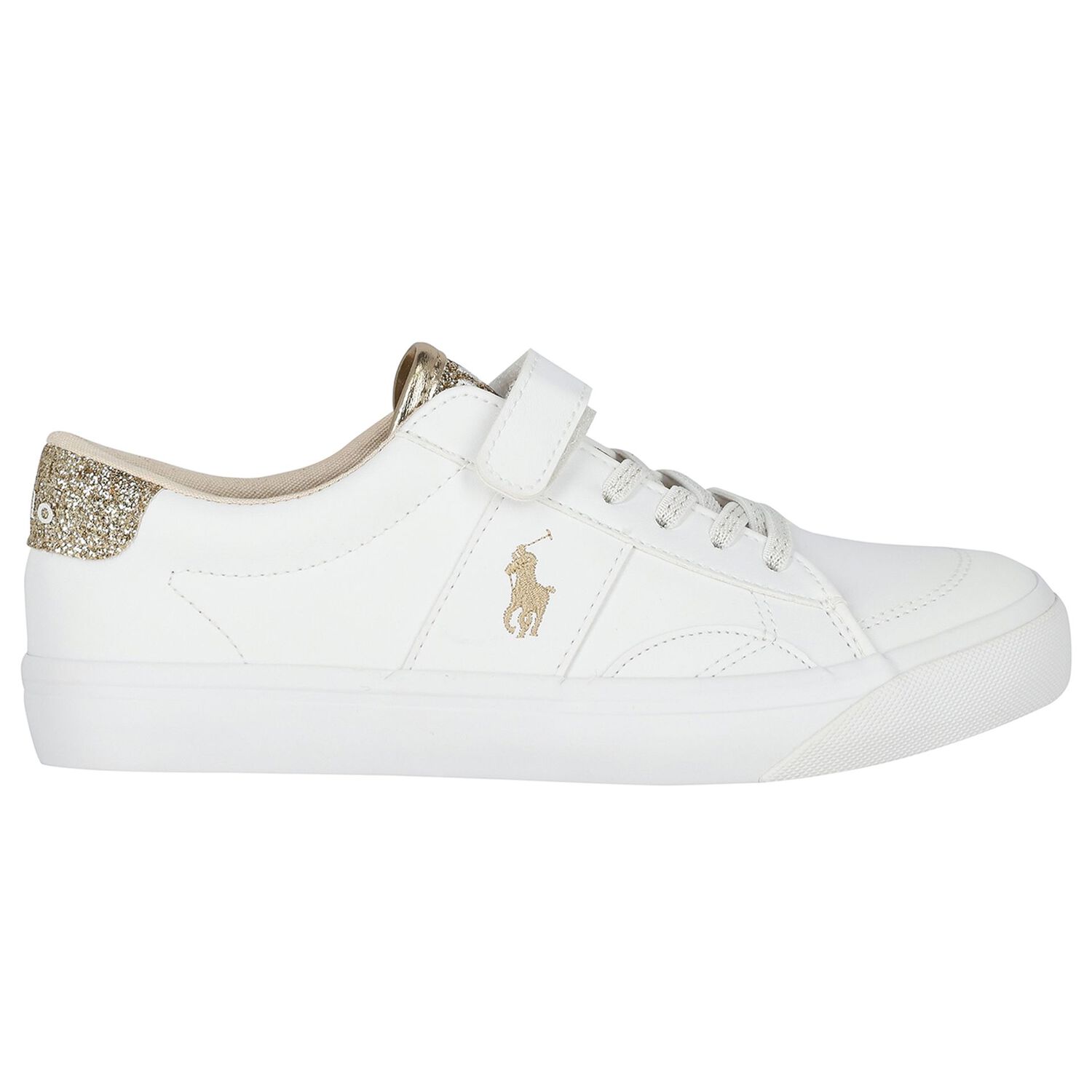 Girls White & Gold Logo Trainers, 1, hi-res