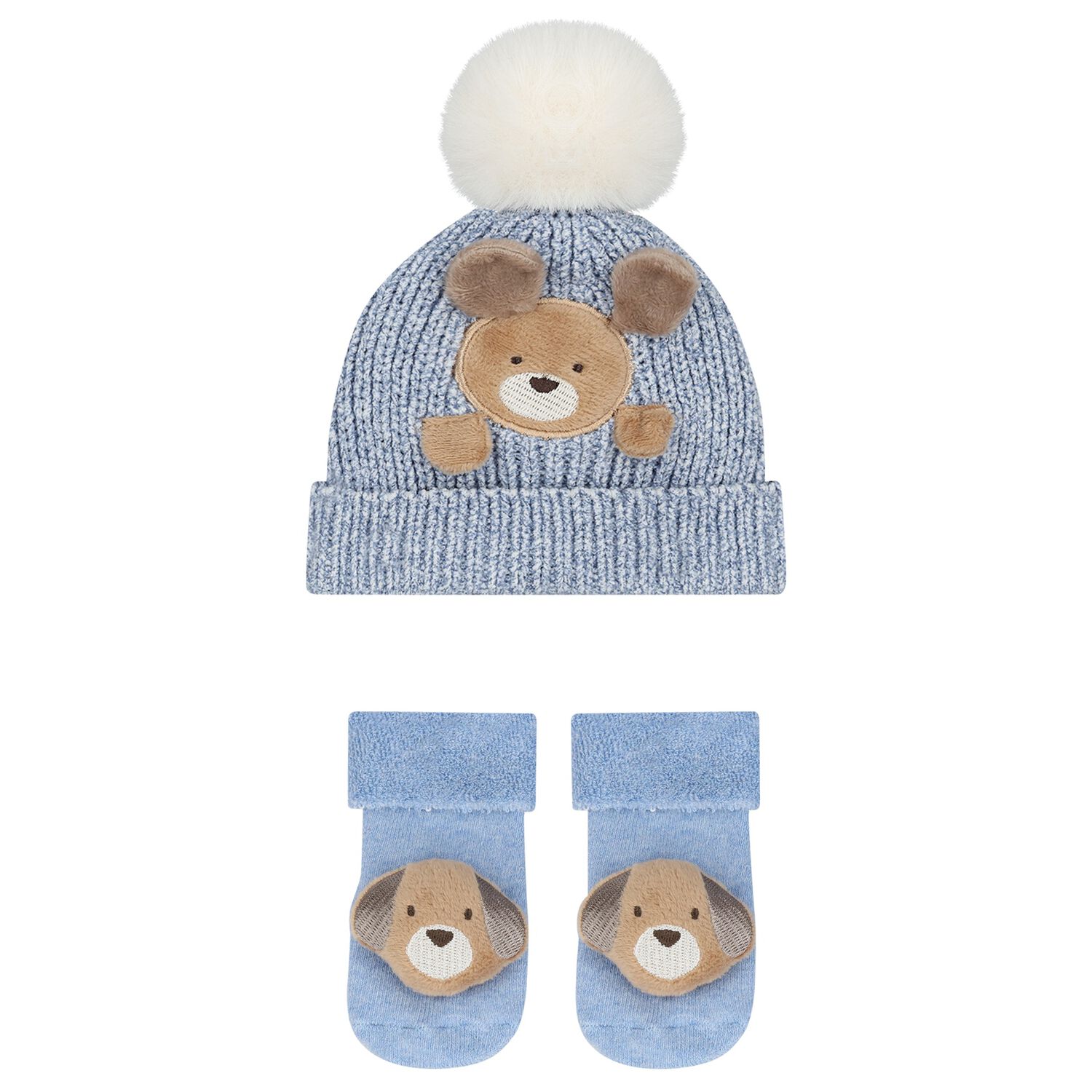 Baby Boys Blue Puppy Knitted Hat & Socks Set, 3, hi-res