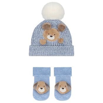 Baby Boys Blue Puppy Knitted Hat & Socks Set