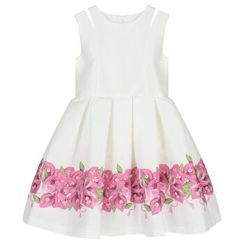 Girls White Floral Pleated Dress