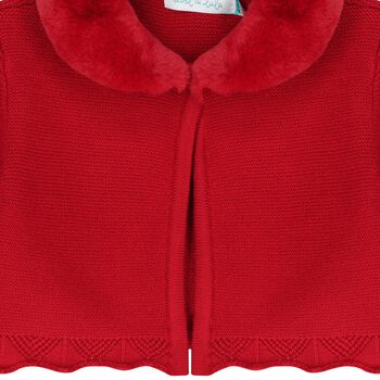 Younger Girls Red Faux Fur Collar Cardigan